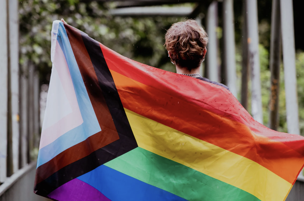 a person holds a pride flag